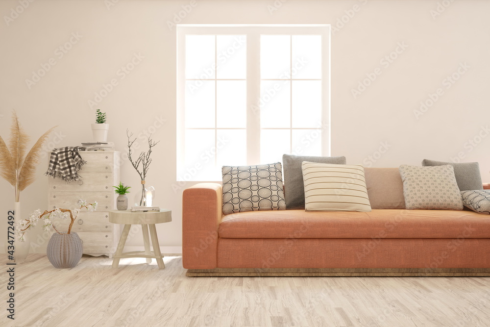 Mockup poster of white living room with sofa. Scandinavian interior design. 3D illustration