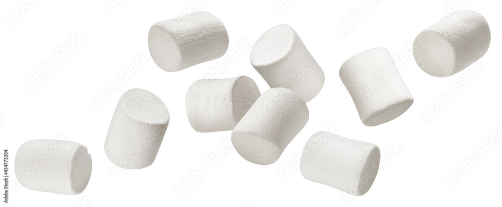 Falling marshmallows isolated on white background