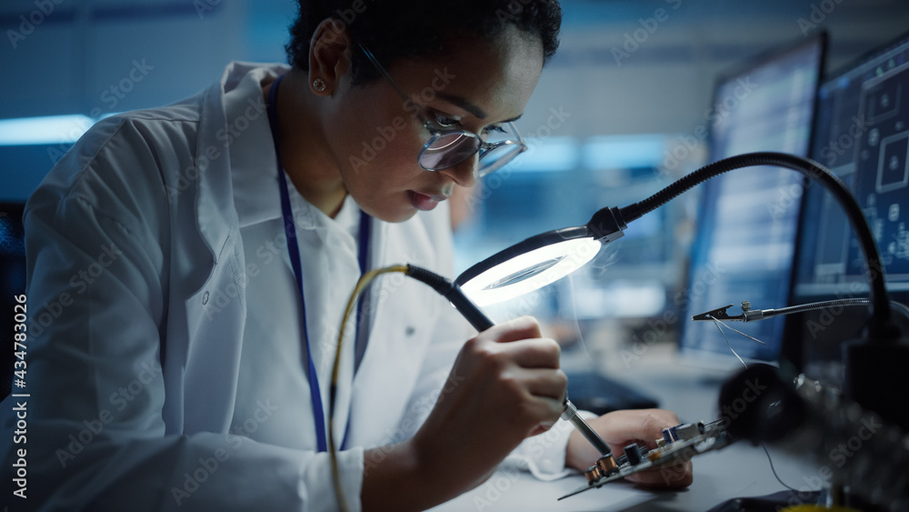 Modern Electronics Research, Development Facility: Black Female Engineer Does Computer Motherboard S