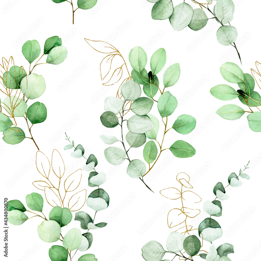 seamless watercolor pattern with green eucalyptus leaves and gold elements on a white background. vi