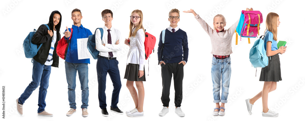 Happy boy with results of school test on white background