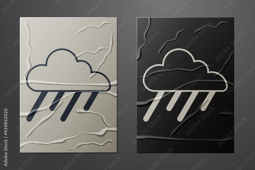 White Cloud with rain icon isolated on crumpled paper background. Rain cloud precipitation with rain