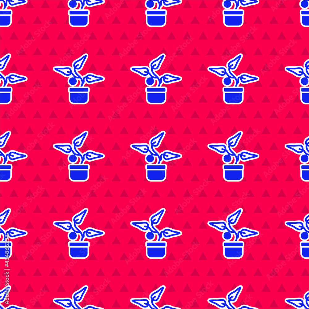 Blue Plant in pot icon isolated seamless pattern on red background. Plant growing in a pot. Potted p