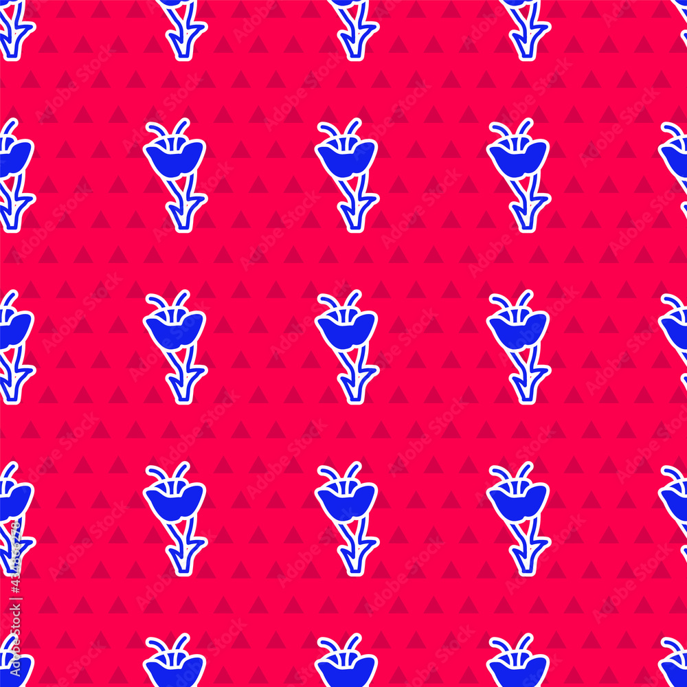 Blue Flower icon isolated seamless pattern on red background. Vector