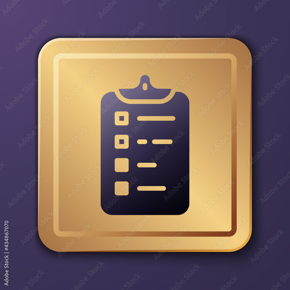 Purple Shopping list icon isolated on purple background. Gold square button. Vector