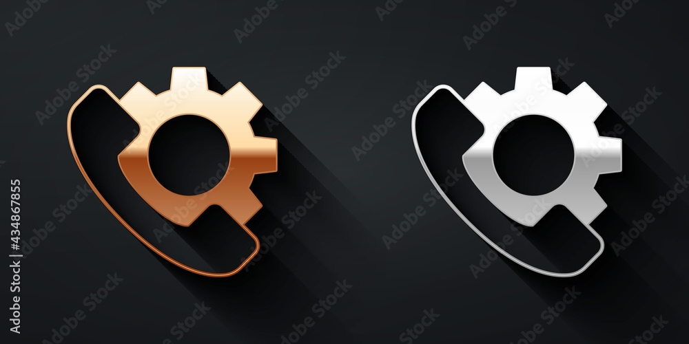 Gold and silver Telephone 24 hours support icon isolated on black background. All-day customer suppo