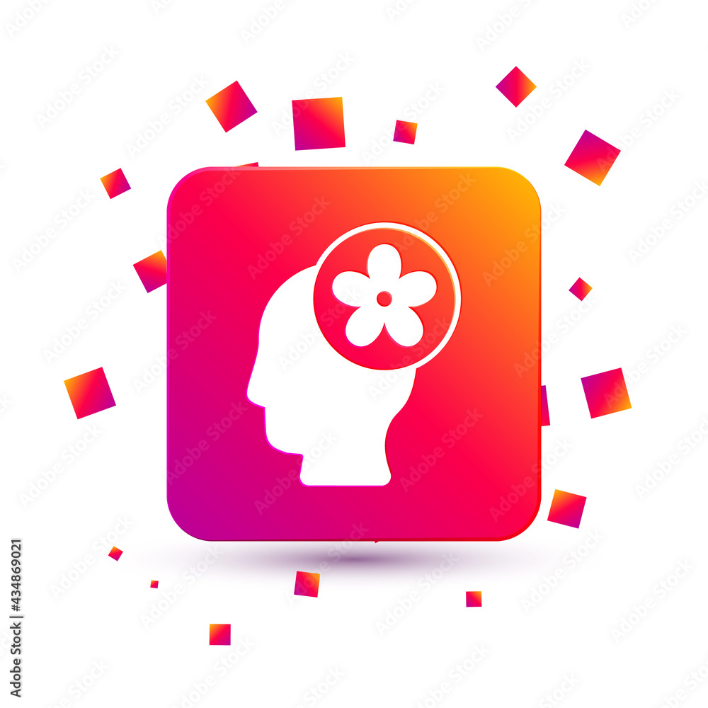 White Human head with flower inside icon isolated on white background. Square color button. Vector