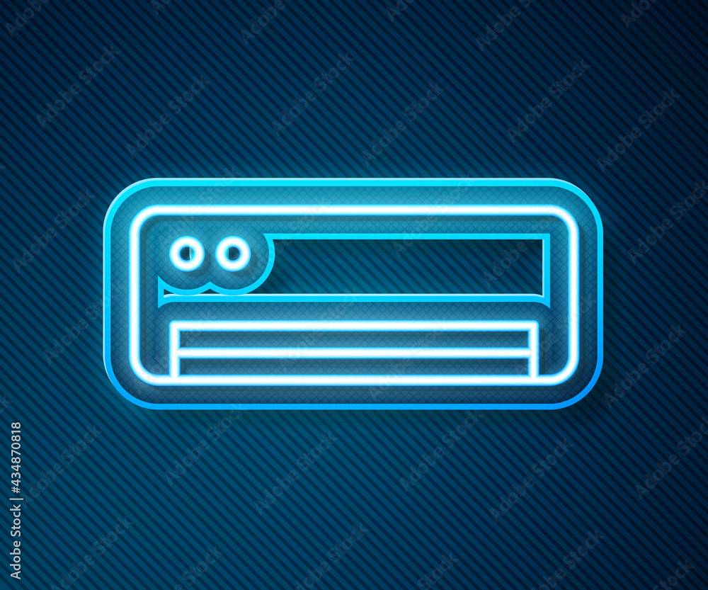 Glowing neon line Air conditioner icon isolated on blue background. Split system air conditioning. C