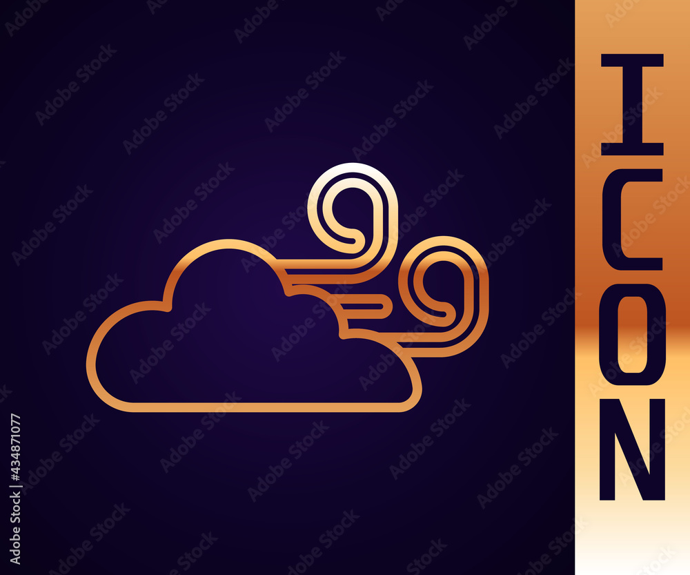 Gold line Windy weather icon isolated on black background. Cloud and wind. Vector