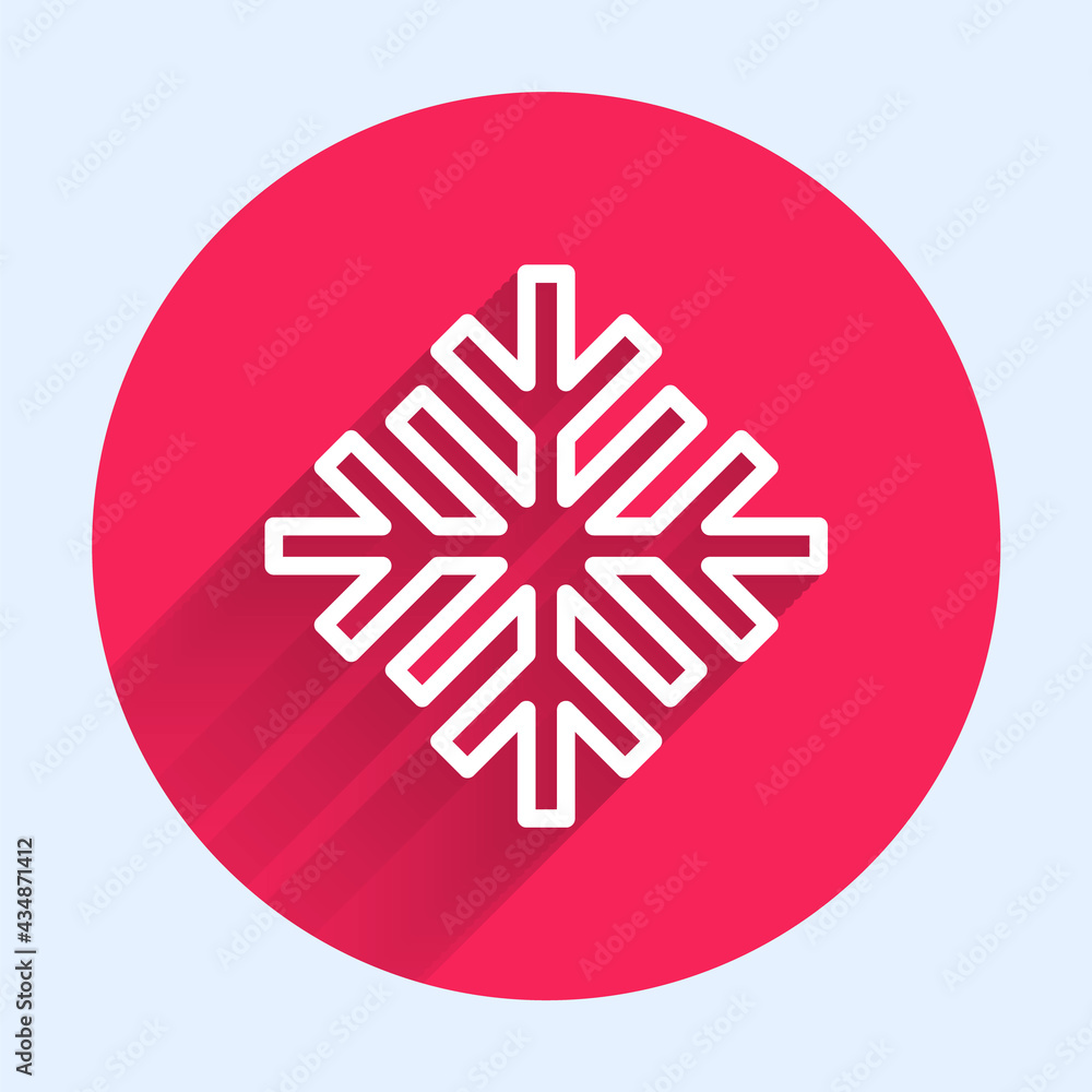 White line Snowflake icon isolated with long shadow. Red circle button. Vector