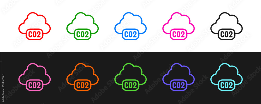 Set line CO2 emissions in cloud icon isolated on black and white background. Carbon dioxide formula,