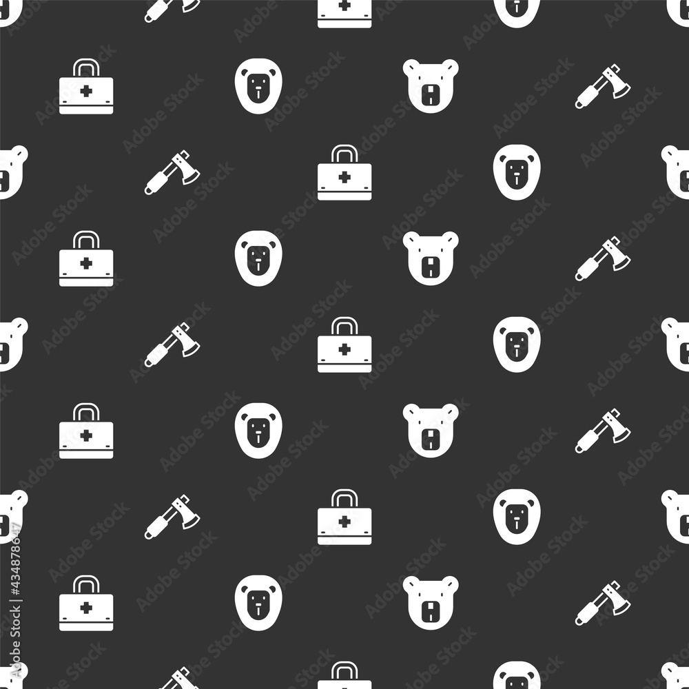 Set Bear head, Wooden axe, First aid kit and Wild lion on seamless pattern. Vector