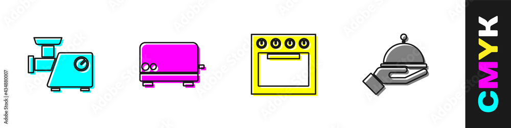 设置厨房绞肉机、烤面包机、烤箱和覆盖托盘图标。矢量
