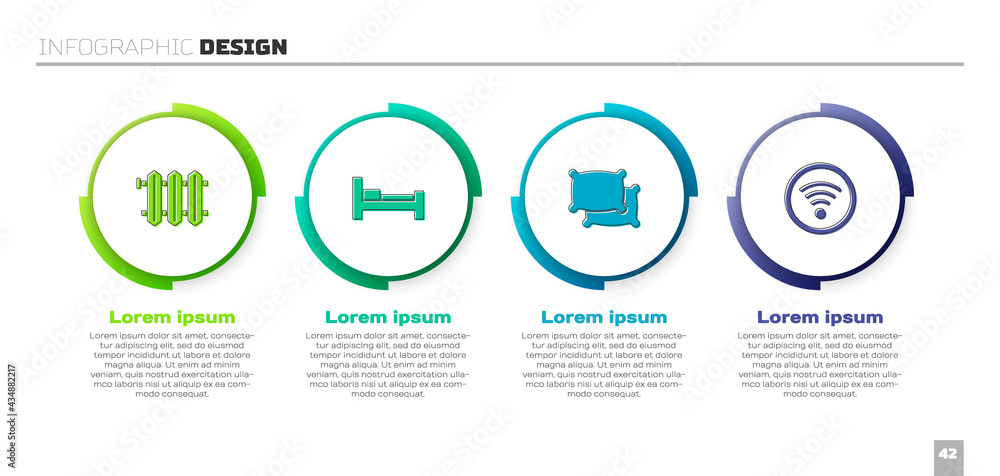 Set Heating radiator, Hotel room bed, Pillow and Wi-Fi wireless. Business infographic template. Vect