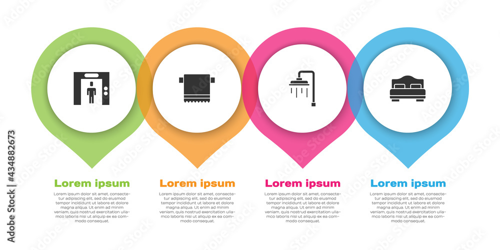 设置电梯、挂毛巾、淋浴和酒店客房床。商业信息图模板。矢量