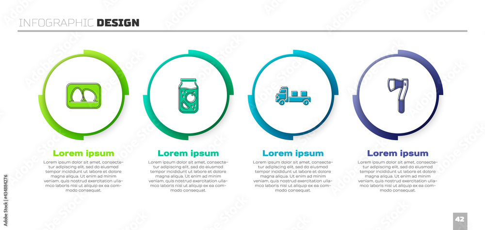 套装鸡蛋、果酱罐、皮卡和木斧。商业信息图模板。矢量