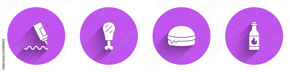 Set Sauce bottle, Chicken leg, Burger and Tabasco sauce icon with long shadow. Vector