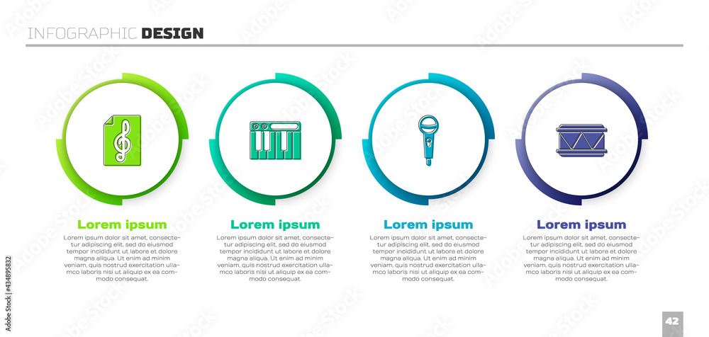 设置高音谱号，音乐合成器，麦克风和鼓。商业信息图模板。矢量