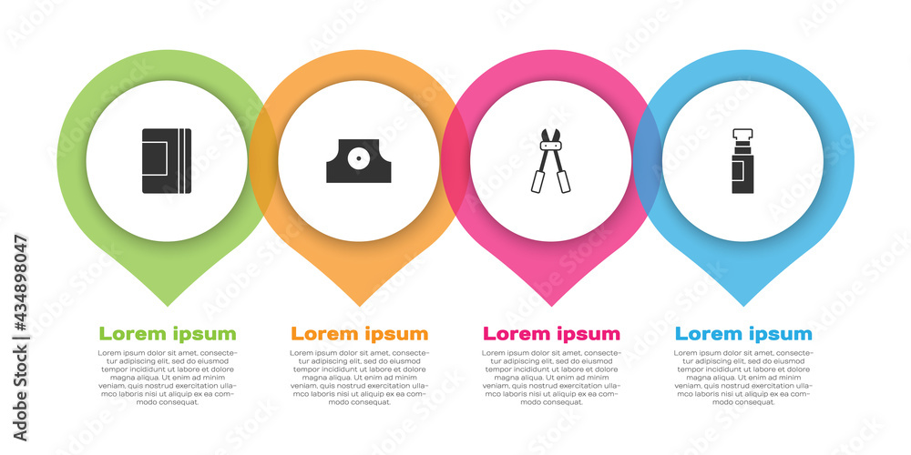 Set Spiral notebook, Spray can nozzle cap, Bolt cutter and Marker pen. Business infographic template