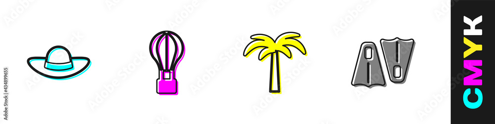 Set Elegant women hat, Hot air balloon, Tropical palm tree and Rubber flippers for swimming icon. Ve