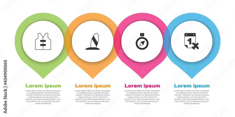 Set Life jacket, Surfboard, Compass and Calendar and airplane. Business infographic template. Vector