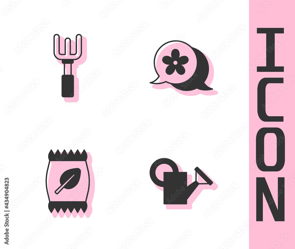 Set Watering can, Garden rake, Fertilizer bag and Flower icon. Vector