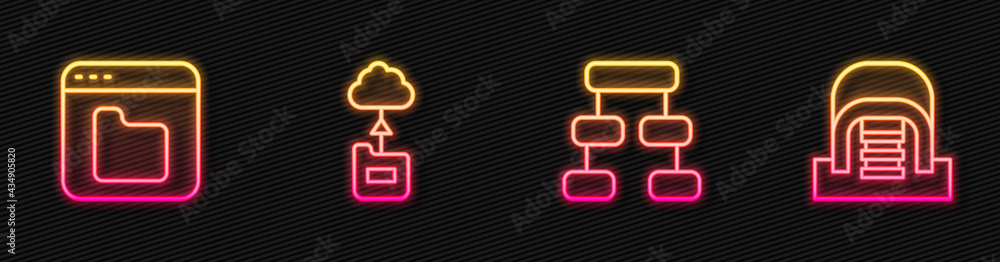 Set line Hierarchy organogram chart, Browser files, Cloud technology data transfer and Hangar with s