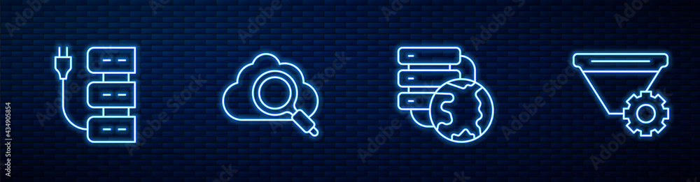 Set line Network cloud connection, Server, Search computing and Filter setting. Glowing neon icon on