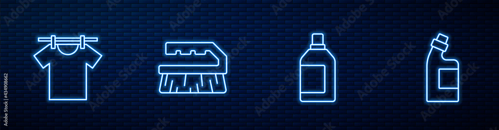 用于清洁剂、烘干衣物、刷子和。砖墙上闪闪发光的霓虹灯图标。Vec