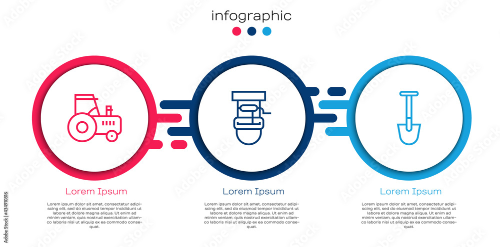 Set line Tractor，Well with bucket and Shovel。Business infographic template.Vvector（带铲斗和电铲的整井拖拉机。商业信息