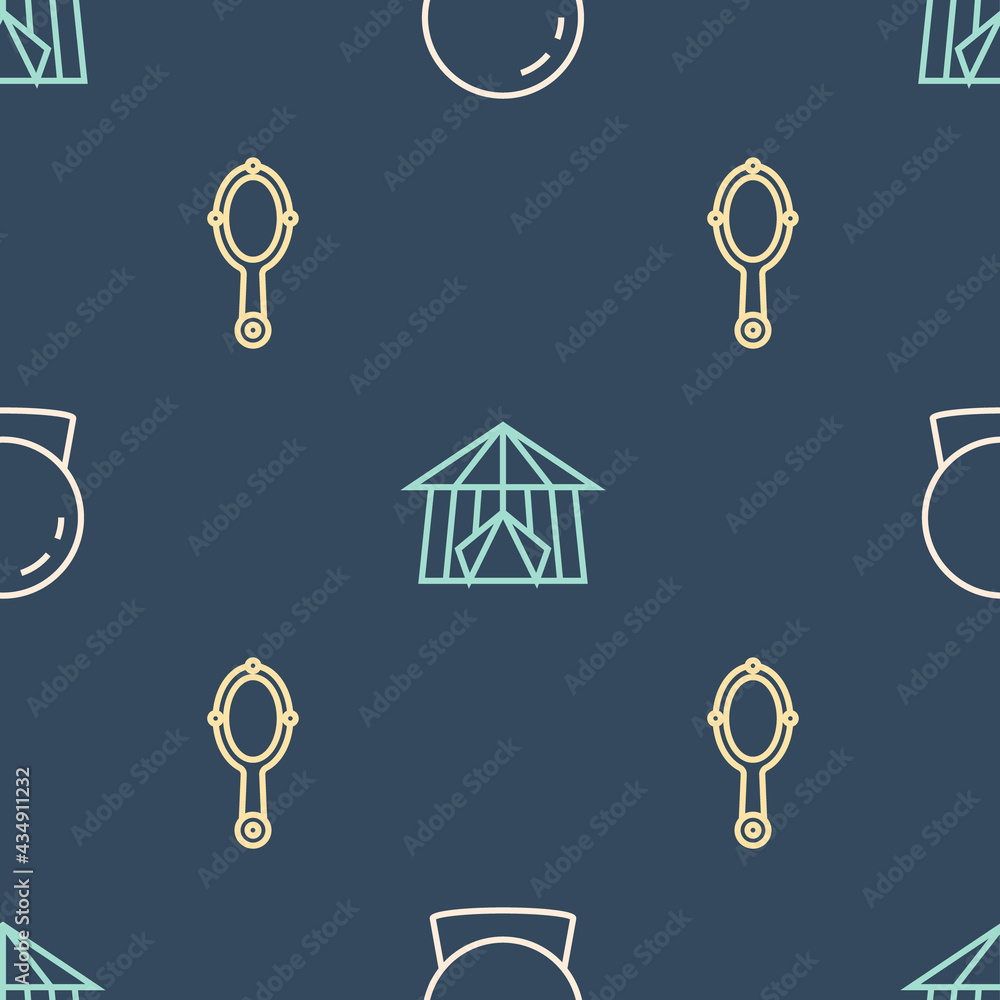 Set line Magic ball, hand mirror and Circus tent on seamless pattern. Vector