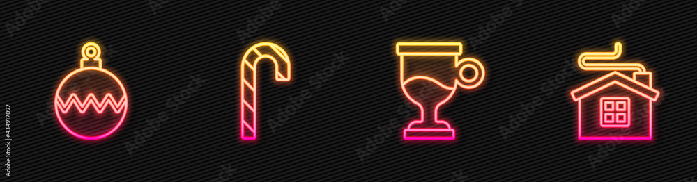 Set line Mulled wine, Christmas ball, candy cane and Merry house. Glowing neon icon. Vector