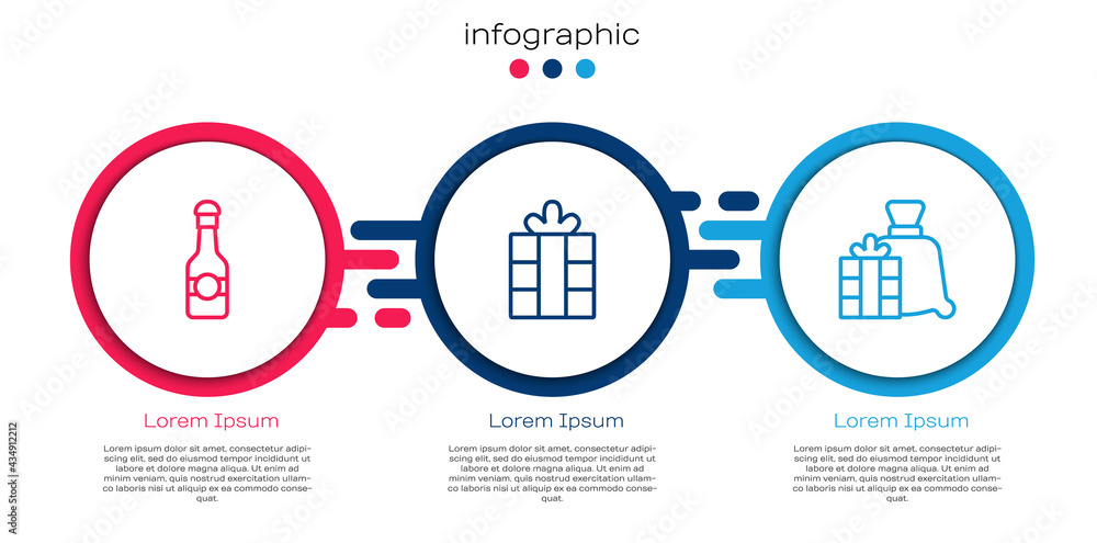 Set line Champagne bottle, Gift box and Santa Claus bag gift. Business infographic template. Vector