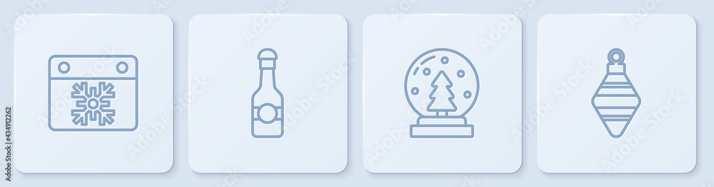 Set line Calendar, Christmas snow globe, Champagne bottle and ball. White square button. Vector