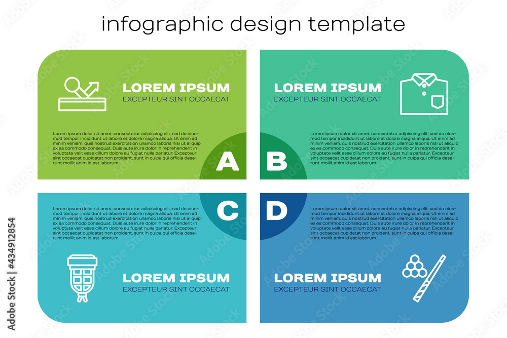 边线台球袋、球、球杆和保龄球衫。商业信息图模板。矢量