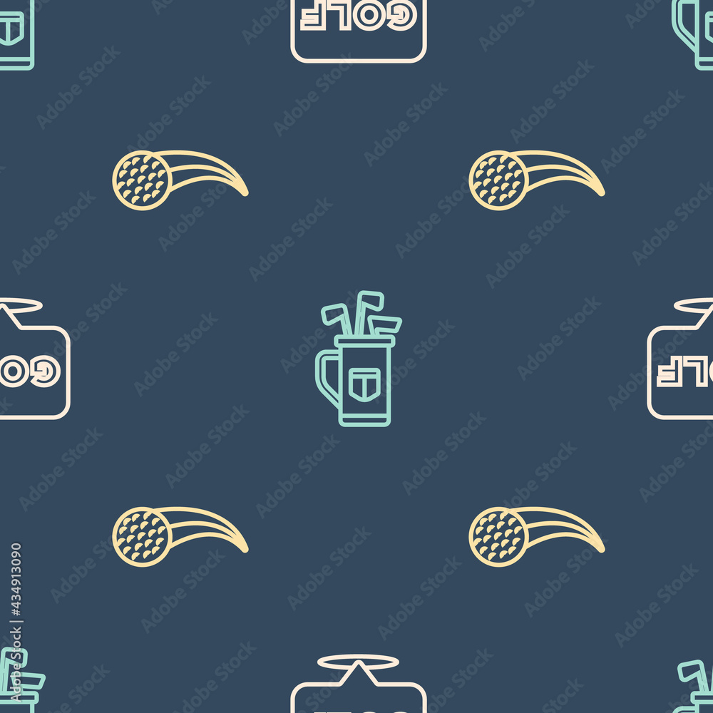 Set line Golf label, ball and bag with clubs on seamless pattern. Vector