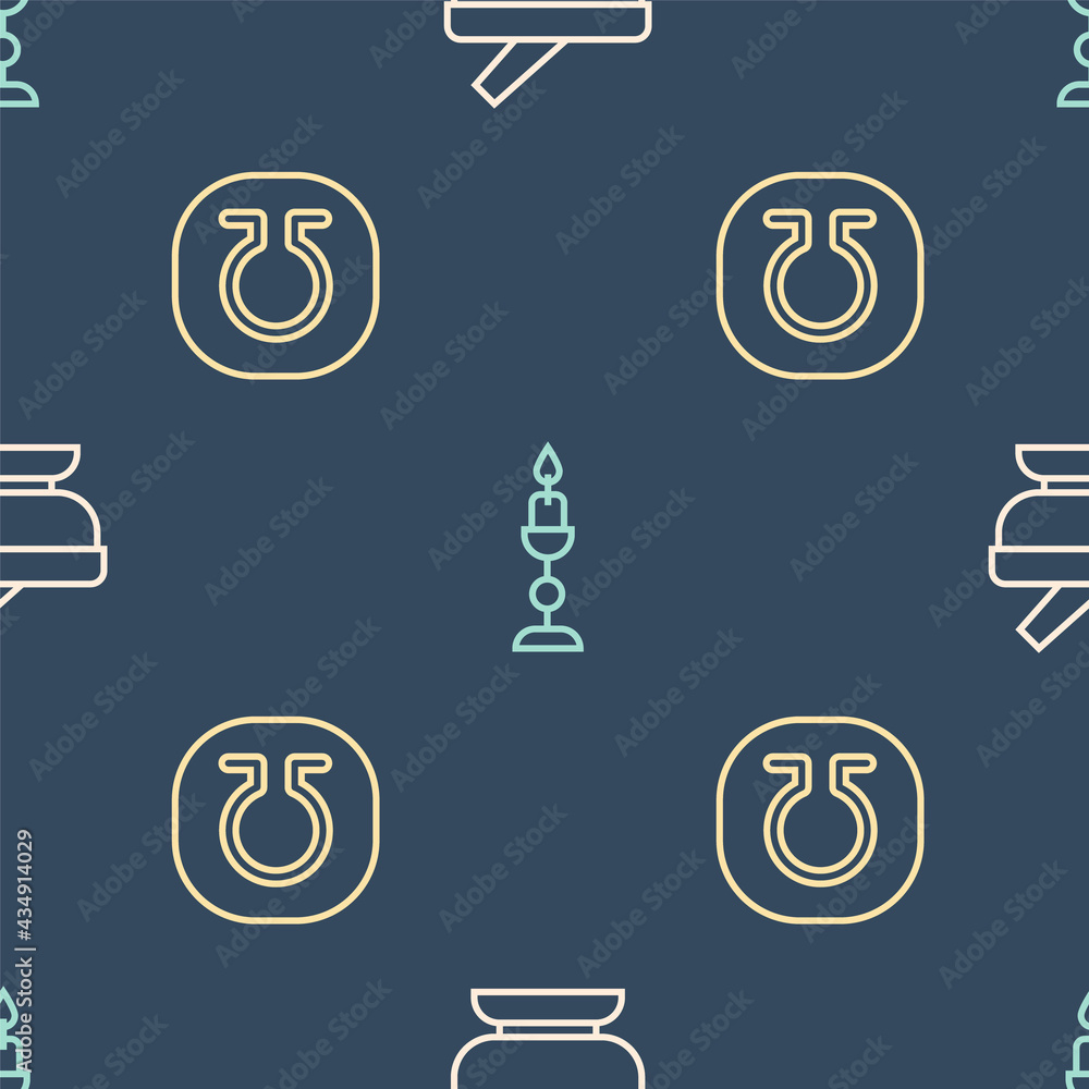 Set line Mortar and pestle, Life and Burning candle on seamless pattern. Vector