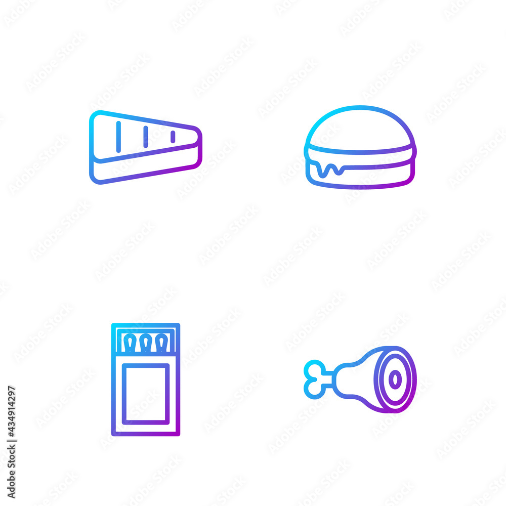 Set line Chicken leg, Matchbox and matches, Steak meat and Burger. Gradient color icons. Vector