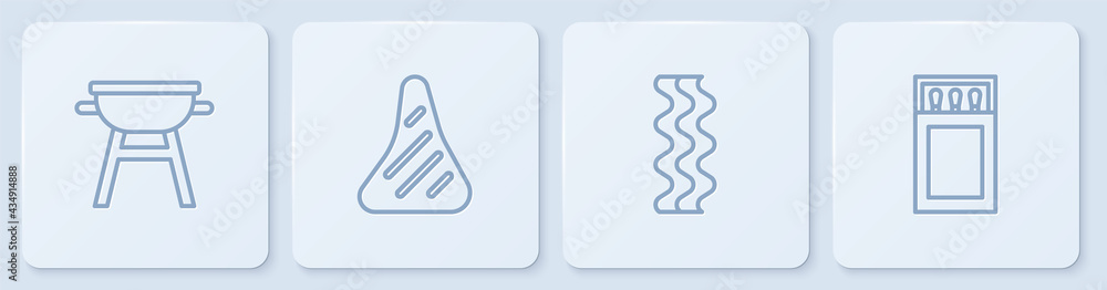 套装烧烤架、培根条、牛排、火柴盒和火柴。白色方形按钮。Vec