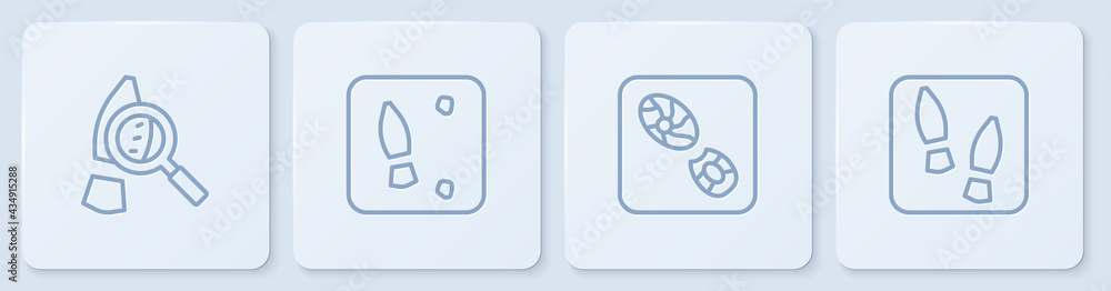 设置线条放大镜，带有足迹、人类足迹鞋和白色方形按钮。矢量
