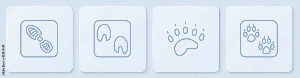 设定线人类脚印鞋，熊掌，马和爪子。白色方形按钮。矢量