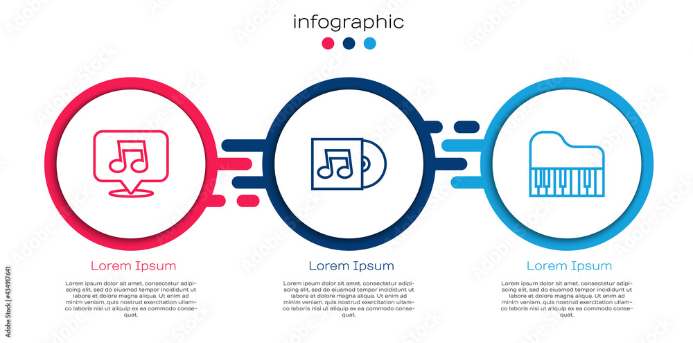 设置线条音乐音符、音调、乙烯基唱片和大钢琴。商业信息图模板。矢量