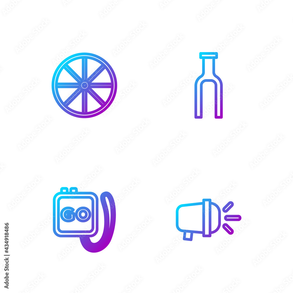 Set line Bicycle head lamp, Stopwatch, wheel and fork. Gradient color icons. Vector