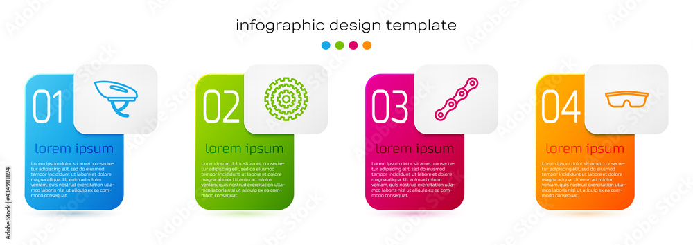 套装自行车头盔、卡带、链条和运动自行车太阳镜。商业信息图模板