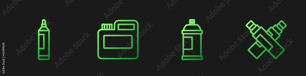 设置线条喷漆罐、记号笔、油漆、水粉、罐子、染料和渐变色图标。矢量