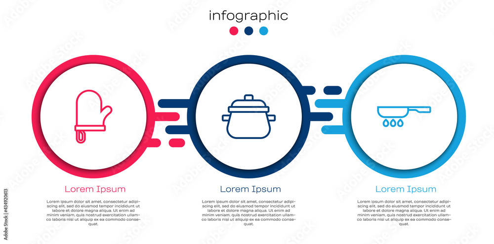 Set line Oven glove, Cooking pot and Frying pan. Business infographic template. Vector