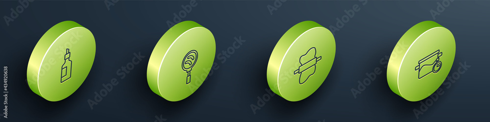 Set Isometric line Bottle of olive oil, Frying pan, Rolling pin on dough and Cooking pot icon. Vecto