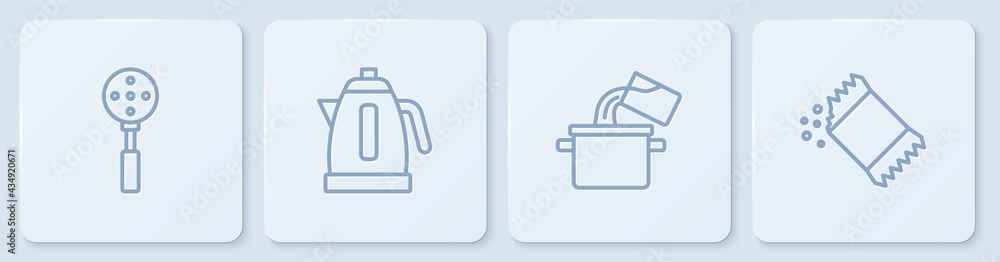 Set line Spatula, Cooking pot, Electric kettle and Packet of pepper. White square button. Vector