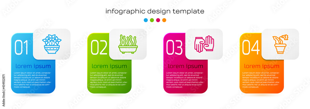 Set line Flower in vase, Plant pot, Rubber gloves and . Business infographic template. Vector