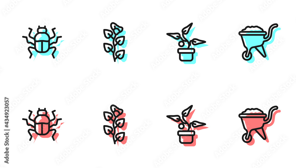 Set line Plant in pot, Beetle bug, Ivy branch and Wheelbarrow with dirt icon. Vector